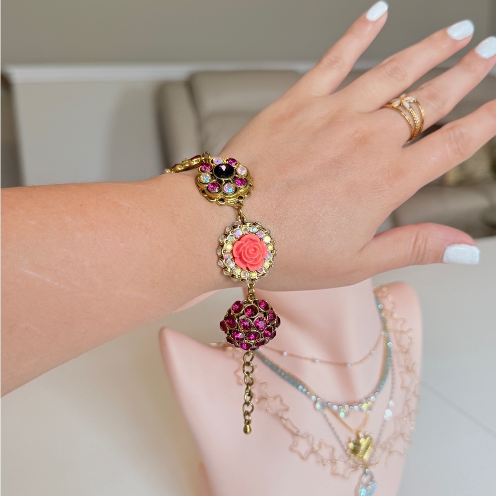 Gold-Tone Pink Crystal Floral Link Bracelet - Picture 3 of 7
